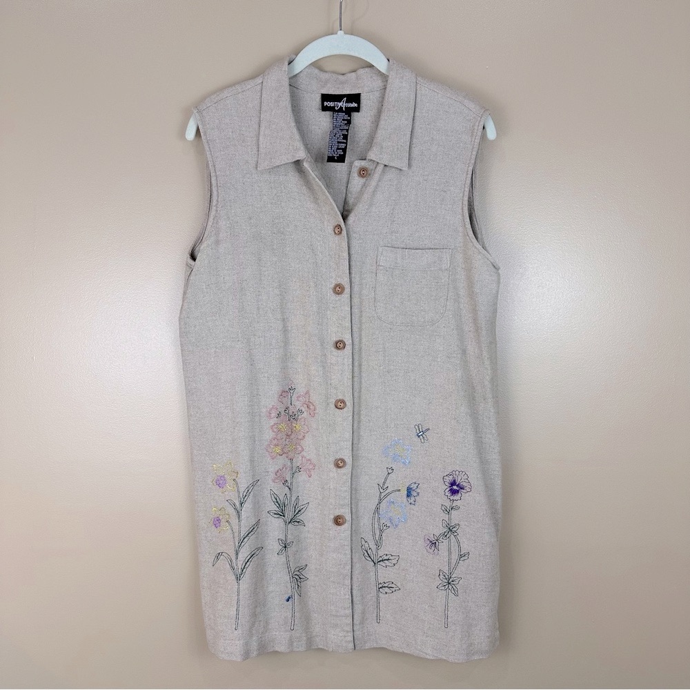 Positive Attitude Beige Linen Blend Sleeveless Floral Embroidered Top Large